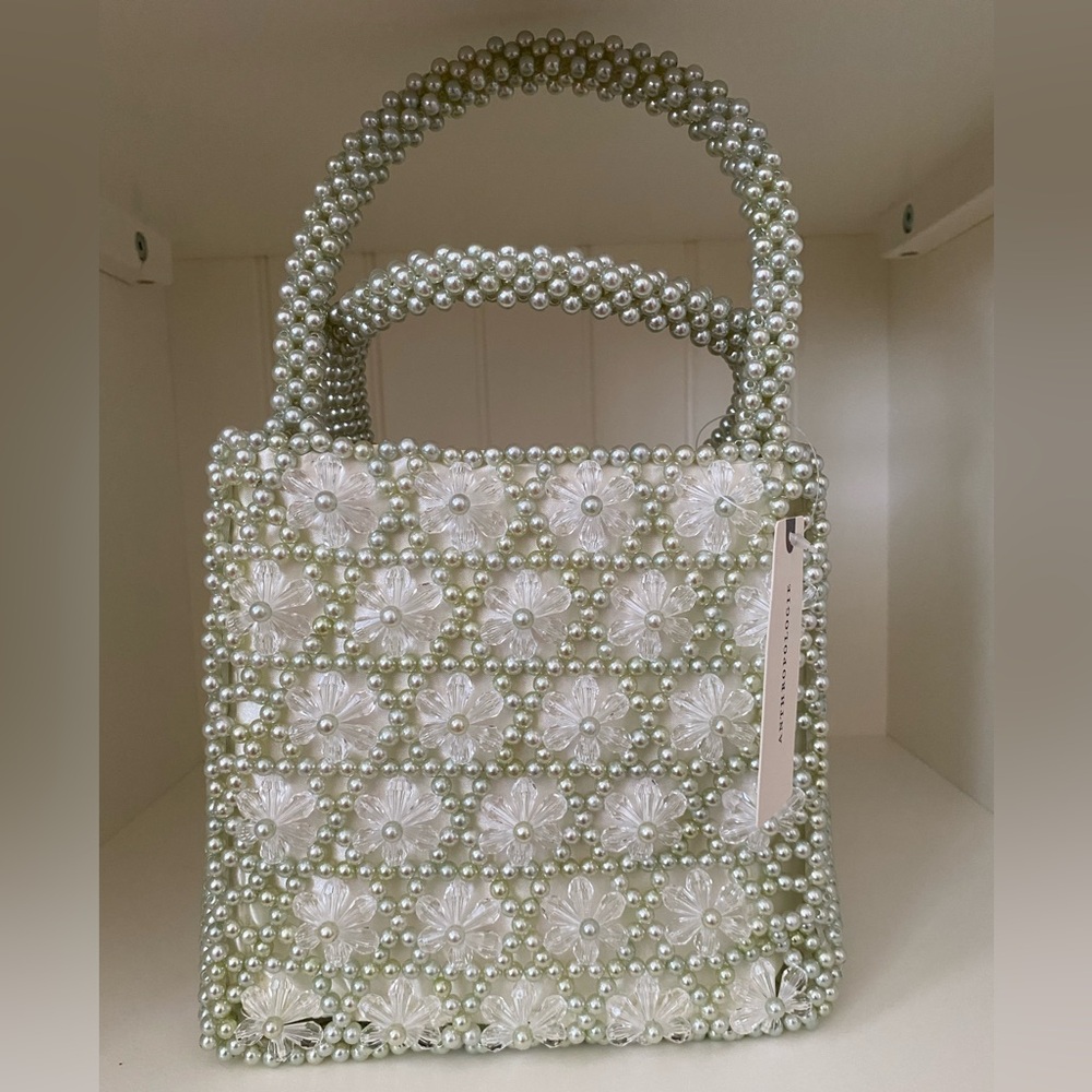 Anthropologie Beaded Floral Mini Tote Bag in Green